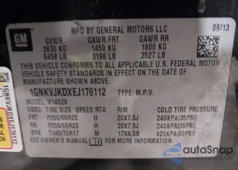 2014 Chevrolet Traverse Ltz from USA, damaged, VIN 1GNKVJKDXEJ176112